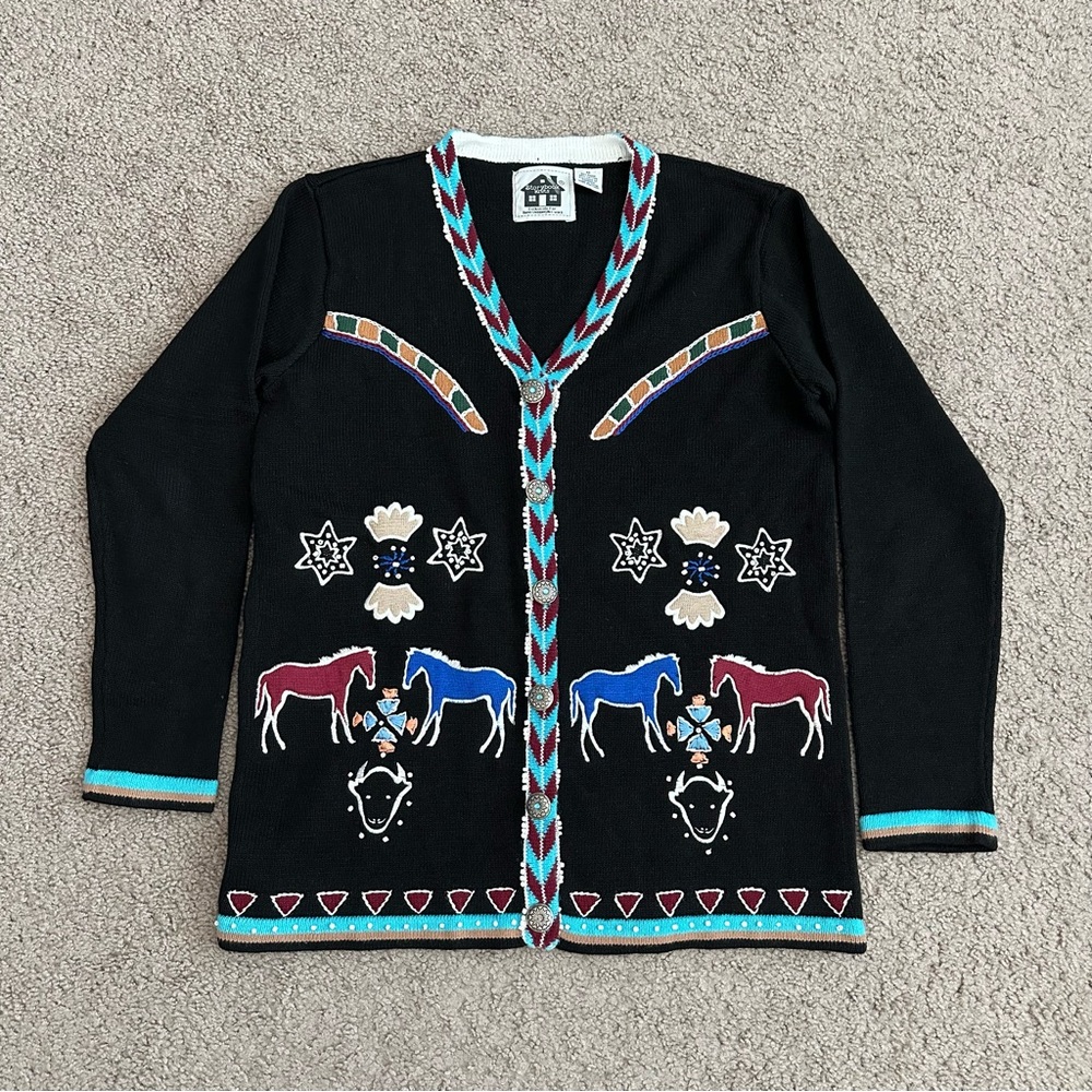 Storybook Knits Buffalo Night Black Western Cardigan Womens Size M
